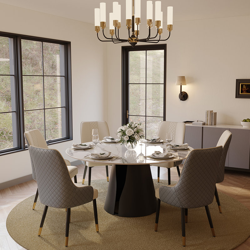  Vera Modern Dining Room Sets Pre-Assembly, Round Matte White Sintered Stone Tabletop Kitchen Dining Table Set with 6 PU Upholstered Chairs