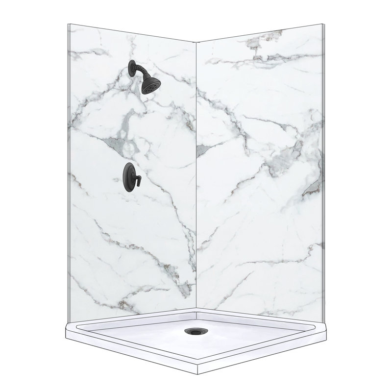 Polymarm 48" W 80" H 48" D Two Wall Composite Shower Wall Panel Surround, Calacatta Gray