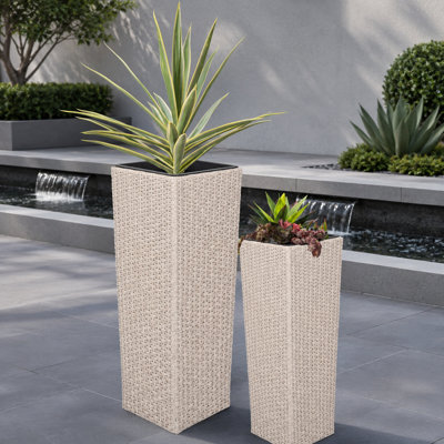 Ensemble de jardinières d'extérieur en osier beige, grands pots de fleurs carrés pour patio, jardin et entrée
