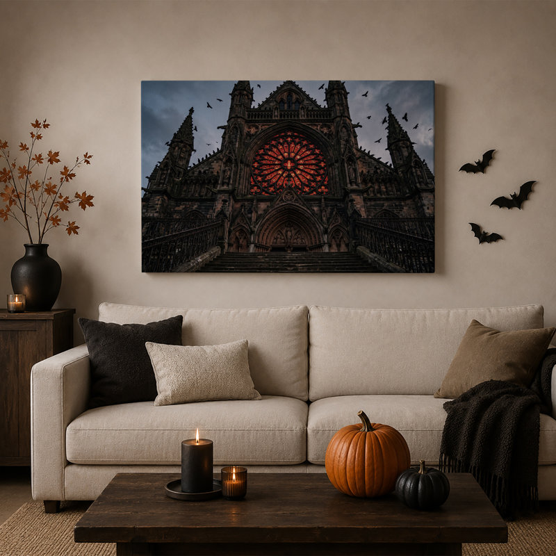 Cathédrale gothique avec fenêtre rose rouge et toile murale d'Halloween volante, 24"H x 36"W