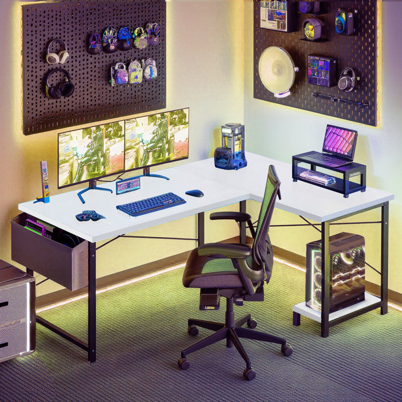 Modern 50 In. L Shaped White Wood Reversible Computer Desk Corner PC Gaming Table With Side Storage Bag And Shelf, White