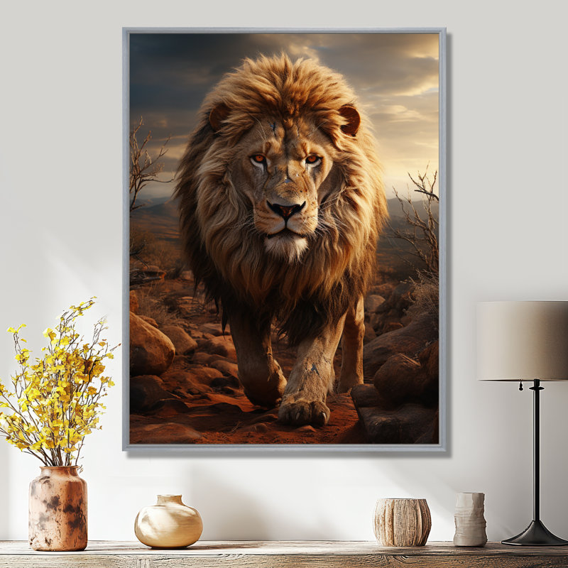 Moniet animal lion à Savan - impression, H 32 po x l 16 po x P 1 po, Encadrement argenté