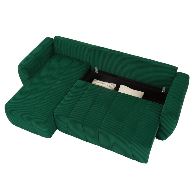 Hokku Designs 105" L-Shaped Convertible Sofa Couch, Adjustable Backrest Sleeper Sofa Bed, Green Corduroy
