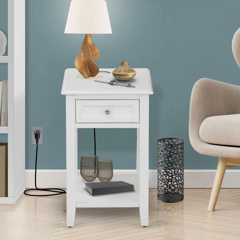 Denison Side Table - Rectangle End Table with a Drawer for Bedroom, White, White