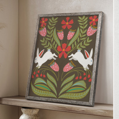 «Folk Flower and Rabbit I», reproduction encadrée - bois massif