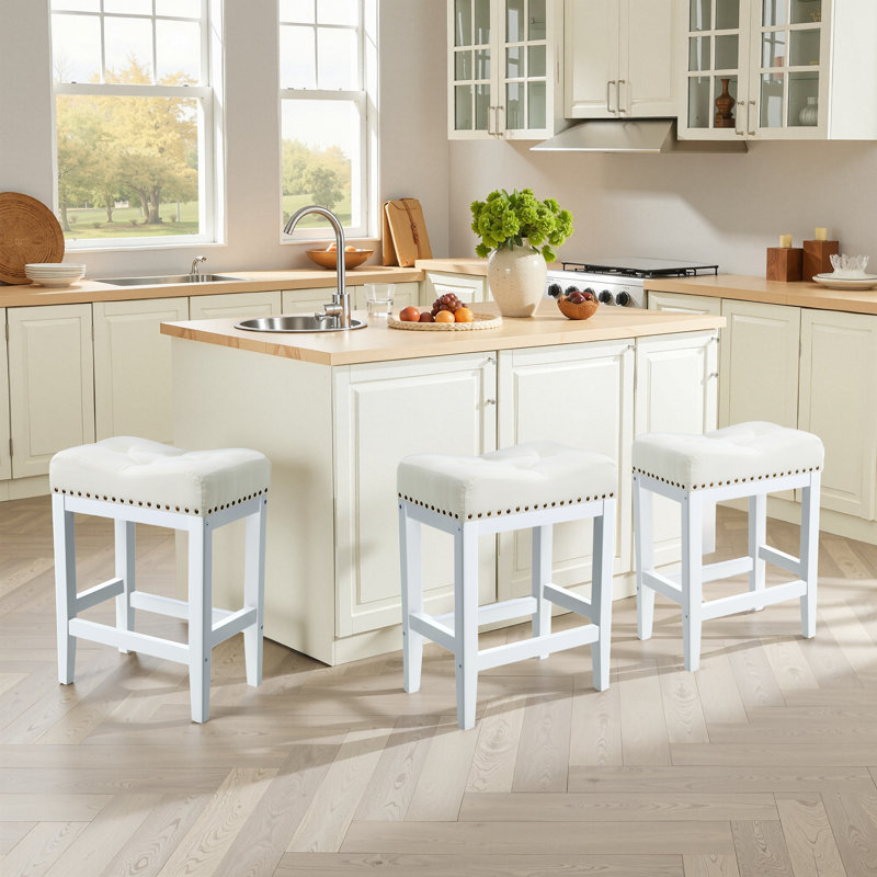 24 Inch Barstools Wood Kitchen Counter Height Bar Island Stools With Saddle Seats Backless（Set of 2）, Cream/White, 2