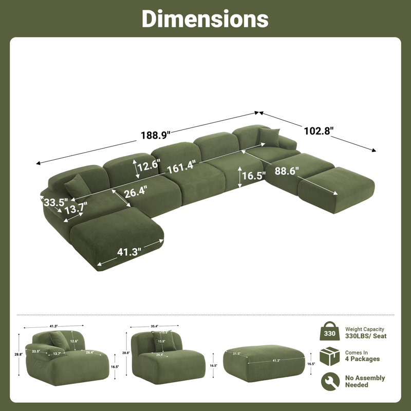 188" U Shaped Sectional Oversized Modular Sofa Chenille Corduroy Compression Sofa, Green Polyester Blend