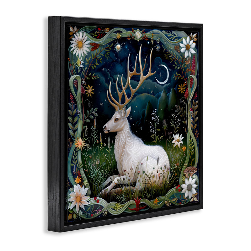 "White Deer Forest", art mural encadré sur toile flottante par The Dutch Lady, H 25 po x l 25 po, Cadre flottant noir de jais