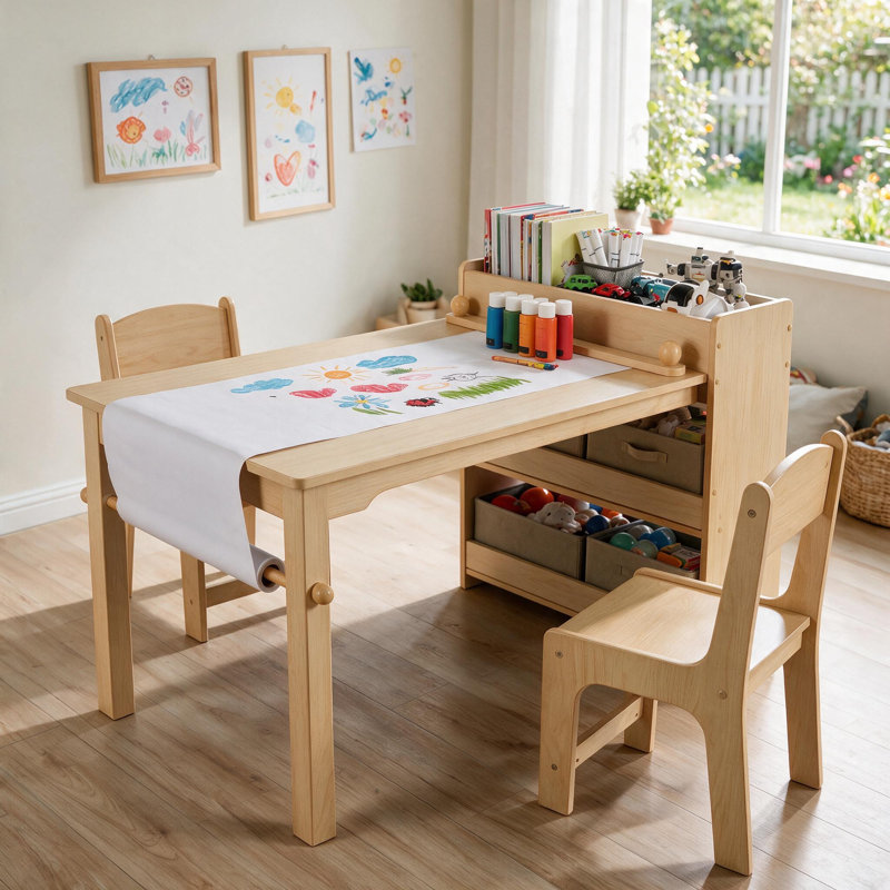 3-Piece Kids Art Table and Chair Set with Storage & Paper Roll Holder, 2 Ergonomic Chairs, for Drawing, Crafts & Play(beige)