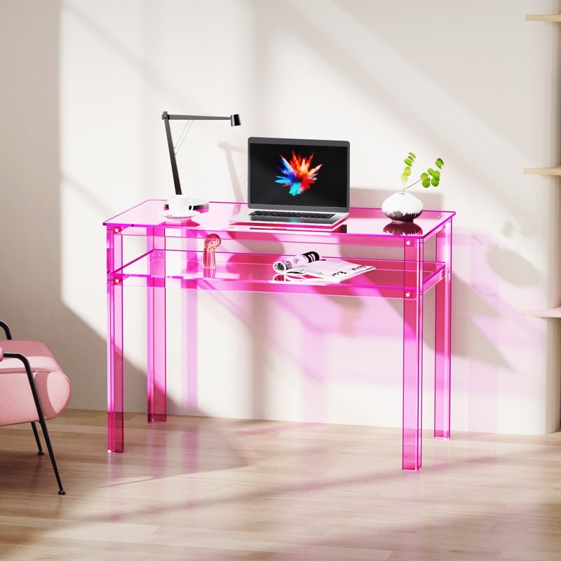 Clear Acrylic Desk With Open Storage, Home Office Computer Writing Desk Office Study Table (Pink, 39.4'' X 19.7'' X 29.5'')