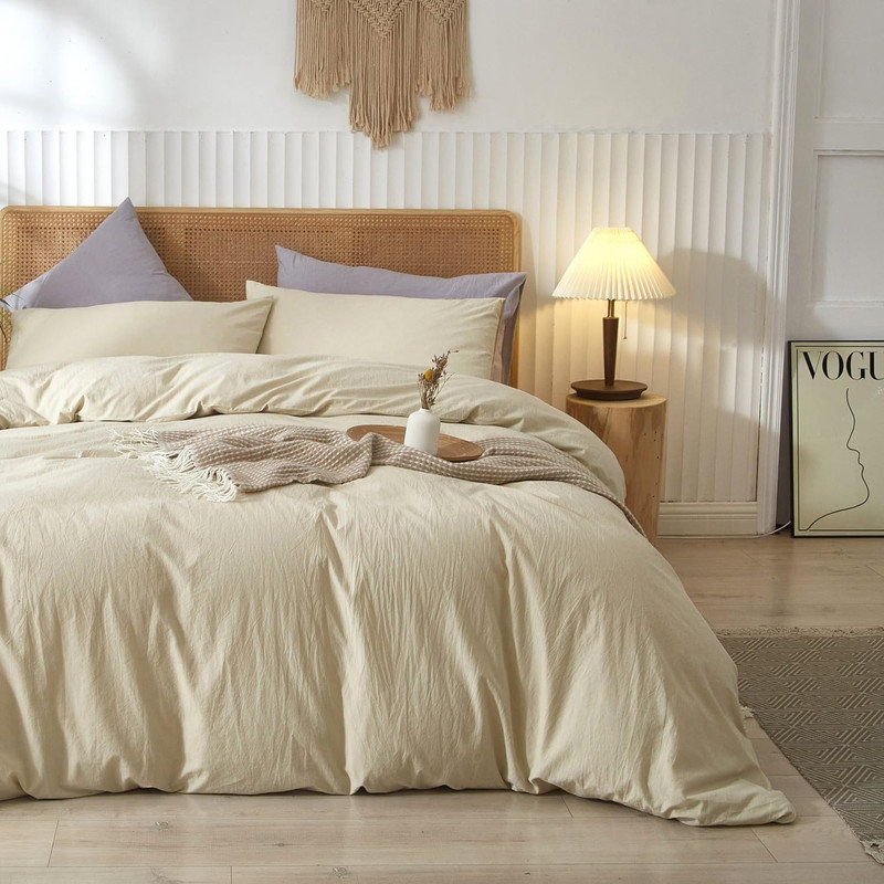 Ensemble de housse de couette 100% coton délavé LifeTown, Housse de couette simple + 2 taies d'oreiller, Lait d'amande, gris