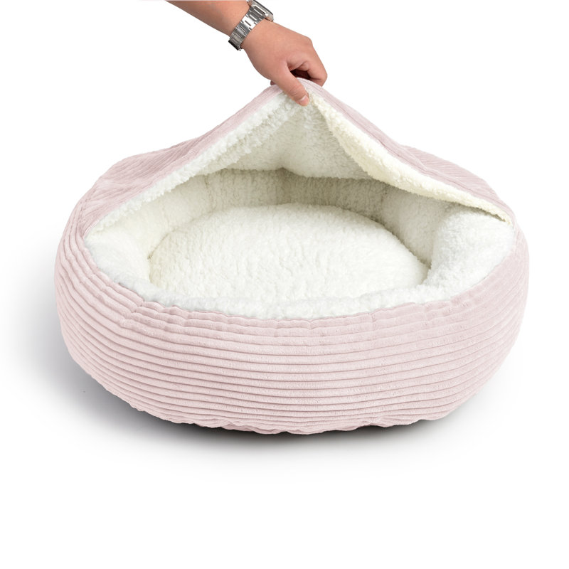 Lit rond rond avec capuche en velours côtelé, H 5 po x l 36 po x P 36 po, Rose