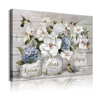 Bathroom Floral Wall Art Farmhouse Bathroom Wall Decor Rustic Hummingbird Flowers Canvas Picture Relaxing Soaking Poster Print For Bathroom Living Room Bedroom Ready To Hang (16X12in Canvas)