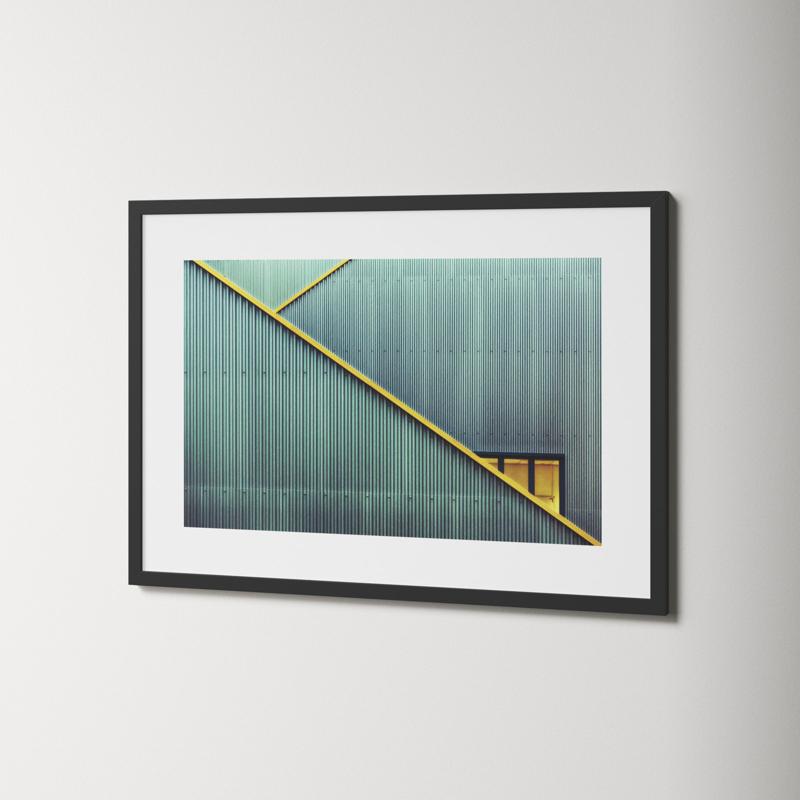 Stairs and Yellow Door Print by Jan Niezen, 24.25" H x 34.38" W x 0.88" D, Black Framed Paper