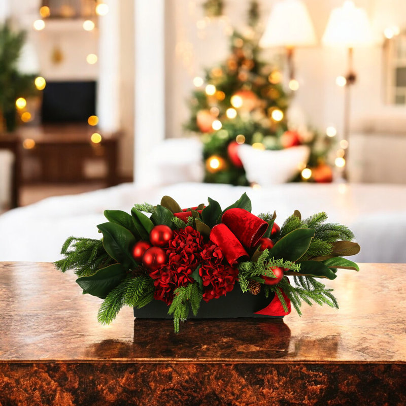 Evergreen and Hydrangea Holiday Centerpiece with Ribbon