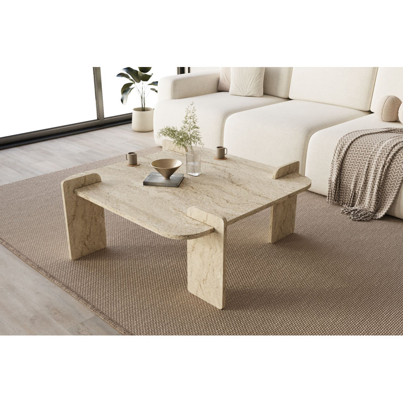 Table basse moderne, couleur travertin, 35,4 x 13,8 x 35,4 pouces | Aggloméré 100% enduit de mélamine, durable et élégant pour le salon | Conception démontée pour un assemblage facile, concept de marbre élégant