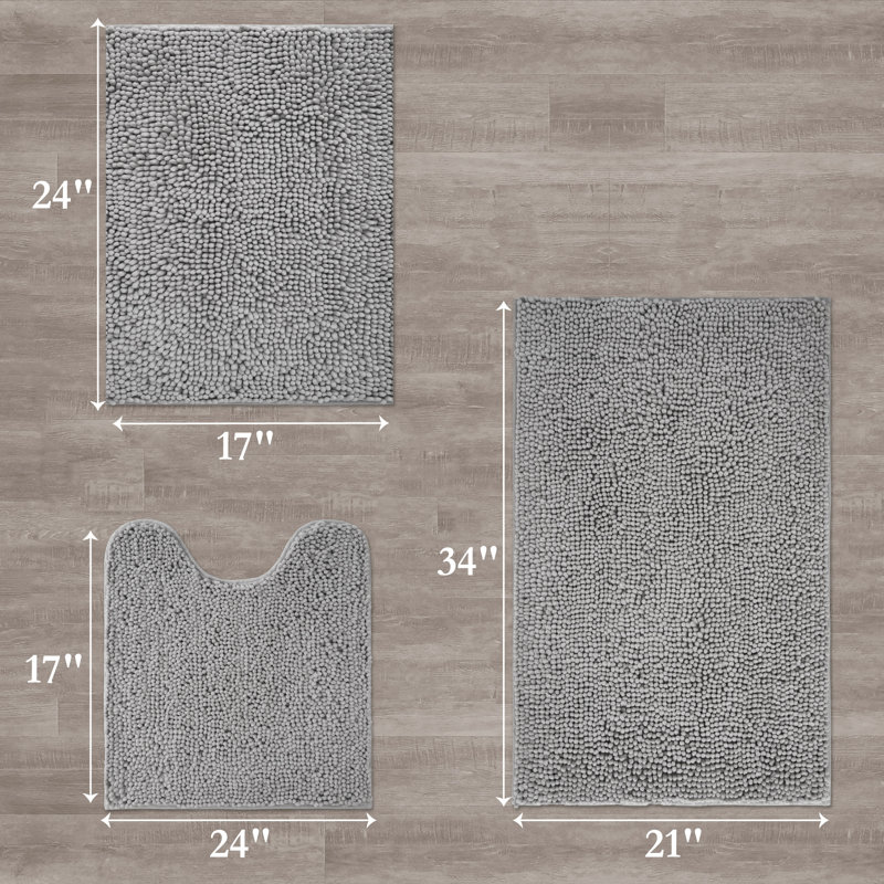 Chenille Super Soft Absorbent Microfiber Non-Slip 3-Piece Bath Rug, Gray