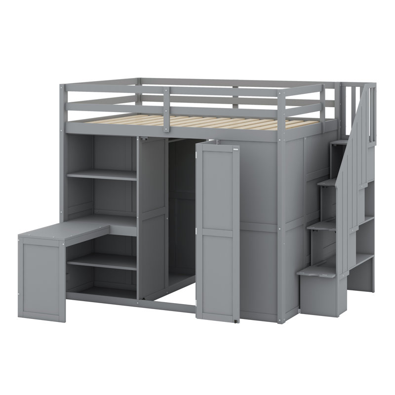 Lit mezzanine avec garde-robe, bureau et tablettes, Gris