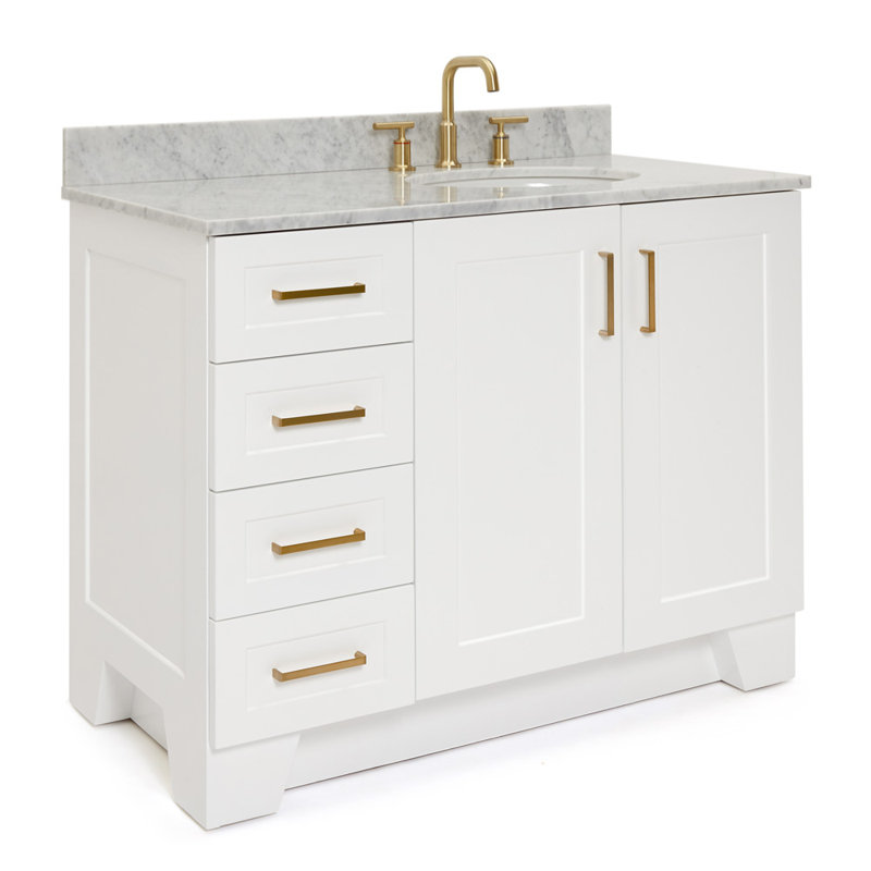 Meuble-lavabo simple en bois massif 43 po Freitas blanc avec plateau en marbre de Carrare 0,75 po, évier droit, lavabo ovale