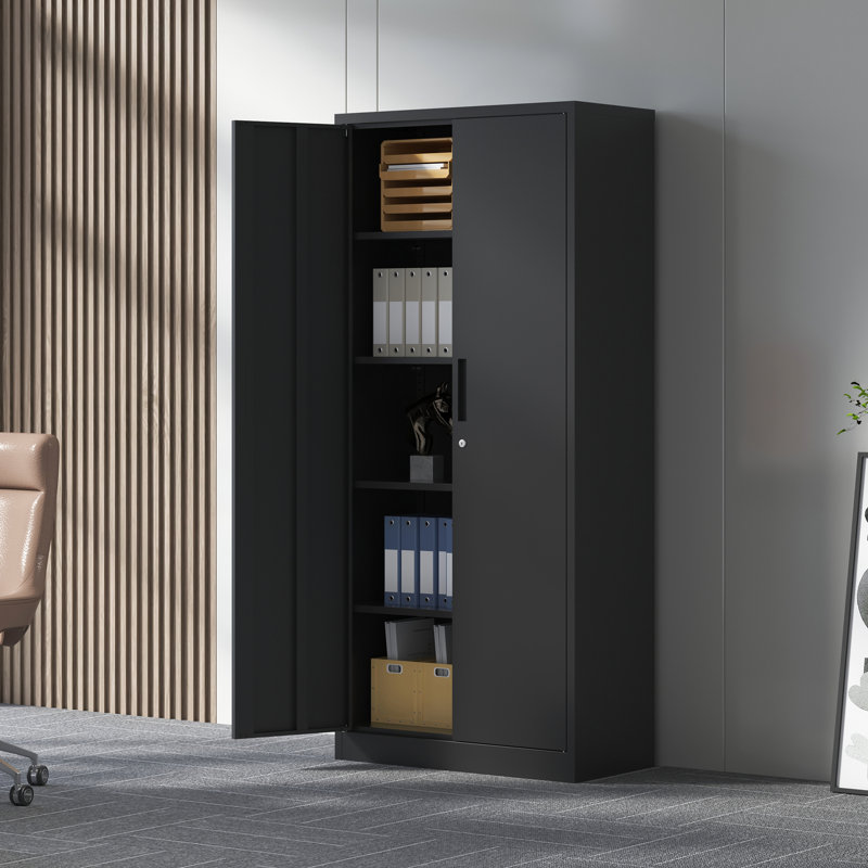 Armoire de rangement en métal noir avec 4 tablettes réglables, 69,12 po de hauteur, 3 verrouillables pour le garage et le bureau, finition de garde-manger de 71 po de hauteur, maison verrouillable