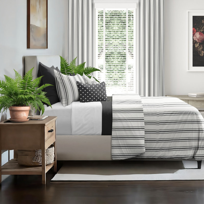August Stripe Reversible Cotton Duvet Cover Set, Ebony, Super King Duvet Cover + 2 King Shams
