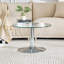 27.5-inch diameter round tempered glass coffee table. 17.7 inches high, supported by a golden metal base, with a light luxury edge.-129387226
