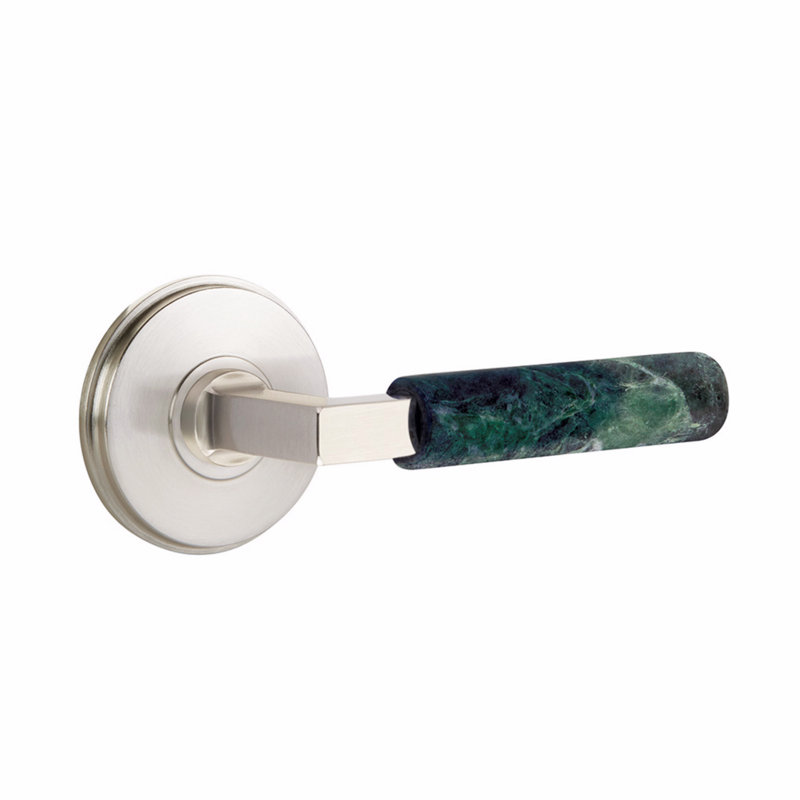 Ensemble de leviers d'intimité Emtek Select, rosette Watford, tige carrée en L, CF, Nickel satiné / poignée en marbre vert
