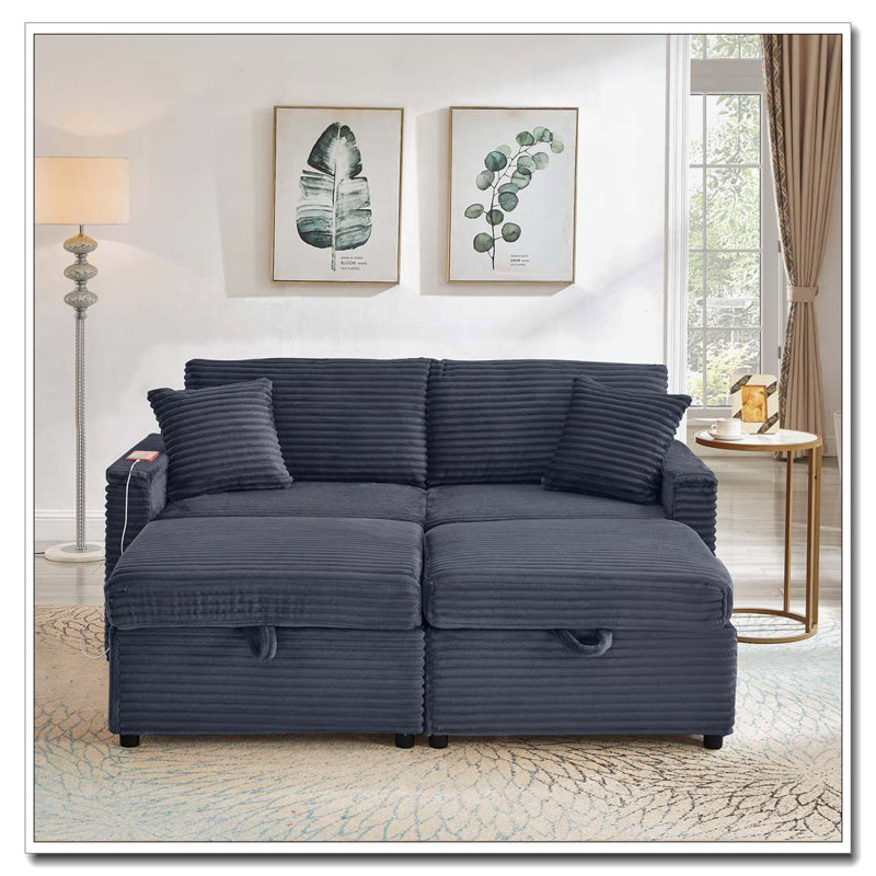 Canapé confortable moelleux en velours côtelé, espace de rangement pour grande causeuse, méridienne moelleuse avec repose-pieds double et plateau de table, convenant pour le repos