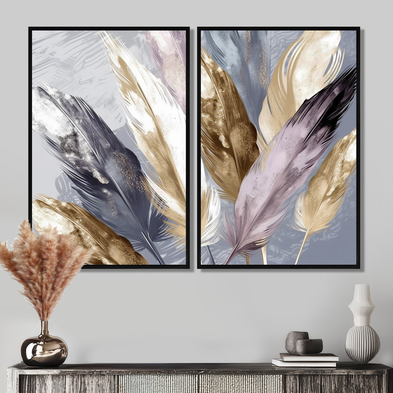 Plume mauve Boho Majesty - art mural moderne 2 panneaux, Impression encadrée flottante, H 36 po x l 48 po, Noir