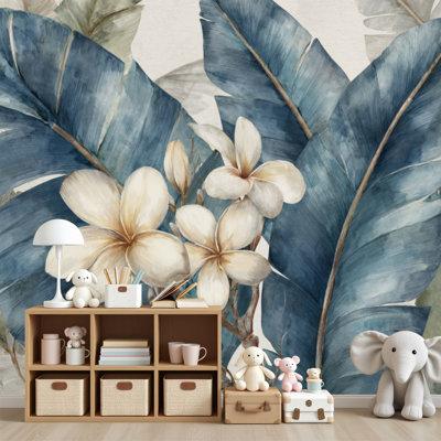 Tropical Foliage Peel and Stick Wallpaper Tropical Watercolor Featuring Banana Fronds Delicate Flowers Wall Murals 69"H x 96"W Removable PVC Wall Paper Self-Adhesive Wall Decor for Bedroom Living Room Home Office
