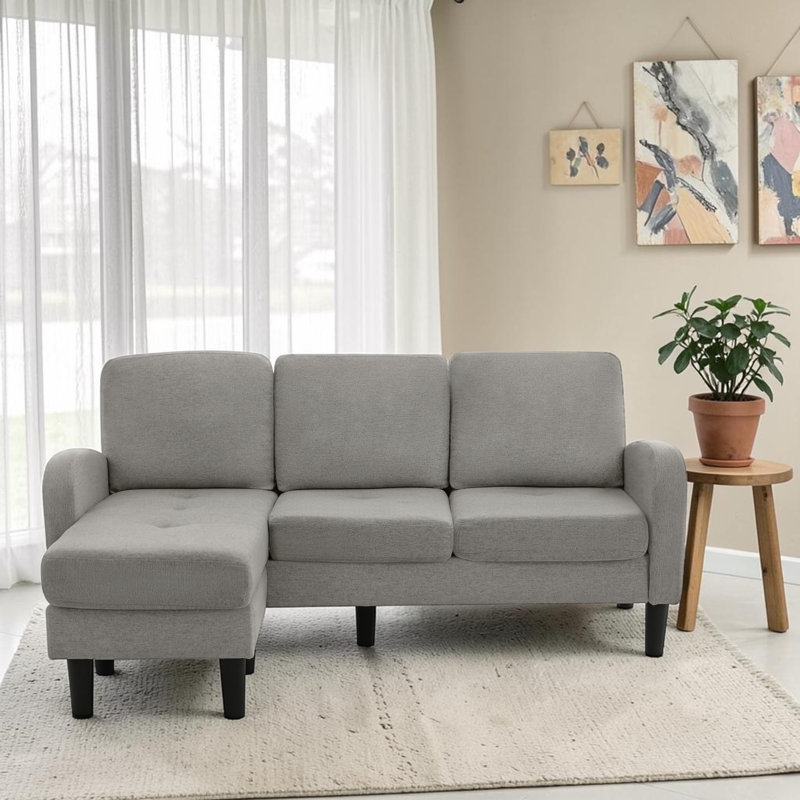 3 Seater Sofa & Chaise, Grey Linen