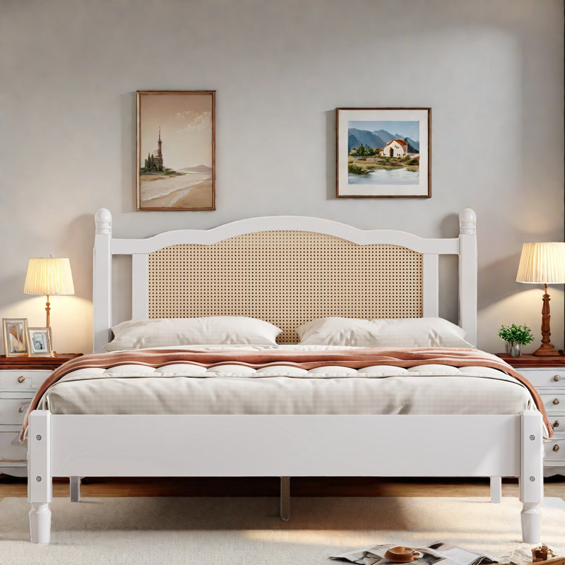Queen White Pine Wood Platform Bed with Rattan Headboard