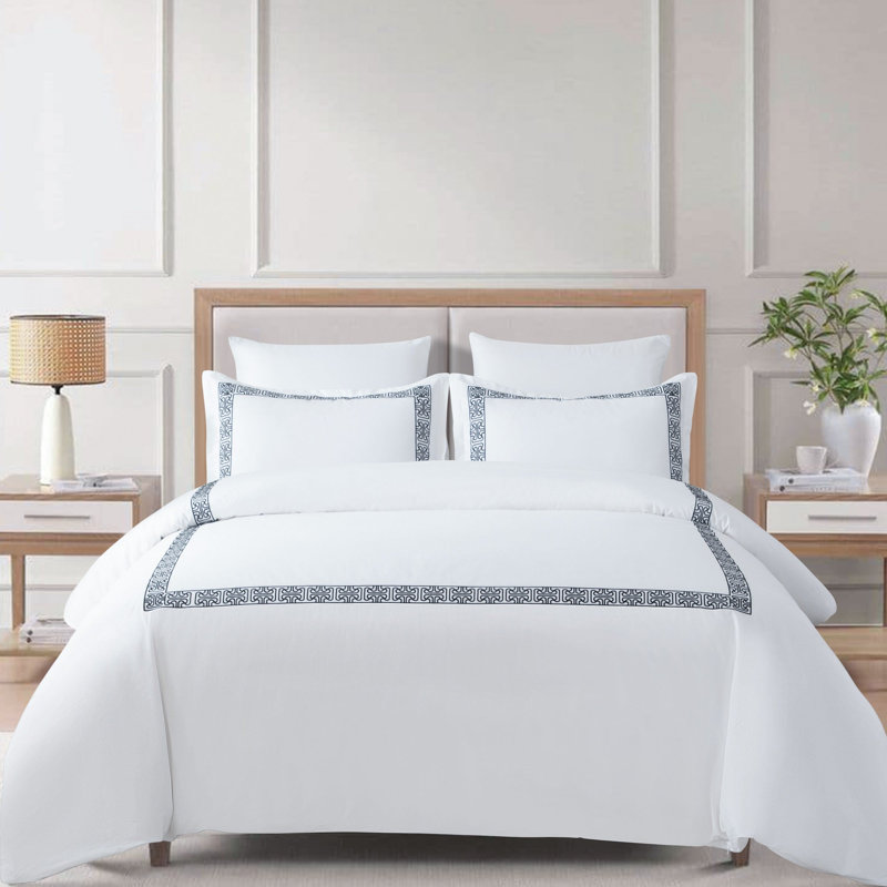 Cotton Percale Geo Embroidery Duvet Cover Set, Queen Duvet Cover + 2 Shams, Black