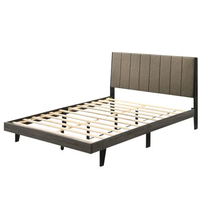 Lit brun en tissu brun et grand lit au fini gris patiné, revêtement en tissu d'ameublement, profil bas, 12 lattes incluses, aucun sommier requis, matelas de 8 po recommandé, panneau de particules en bois d'hévéa, 660 lb