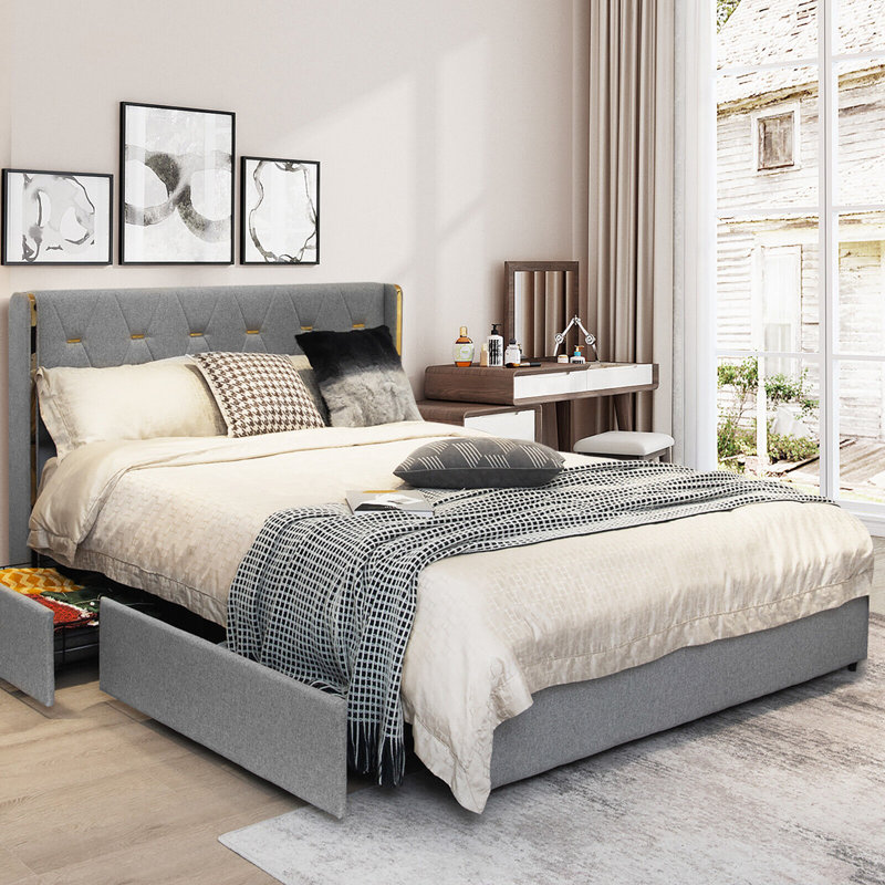 Thaxted Upholstered Metal Platform Storage Bed, Silver, Full