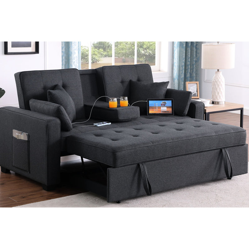 Canapé-lit convertible de 178 cm (70 pouces), lin gris foncé, poche latérale, chargeur USB-C, matelas à ressorts ensachés pour un confort optimal dans les petits espaces, pliable, console intégrée, rangement et chargeur