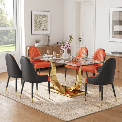 Modern Dining Table Set for 6, 63" Rectangular Clear Glass Dining Table with Double S-Shaped Stainless Steel Base and 6 Upholstered Faux Leather Dining Chairs
