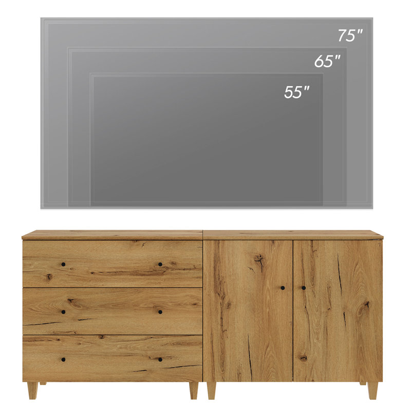 Meuble télé 2 en 1 pour téléviseur de 75 po ou moins, 70,8 po, Bois de chêne