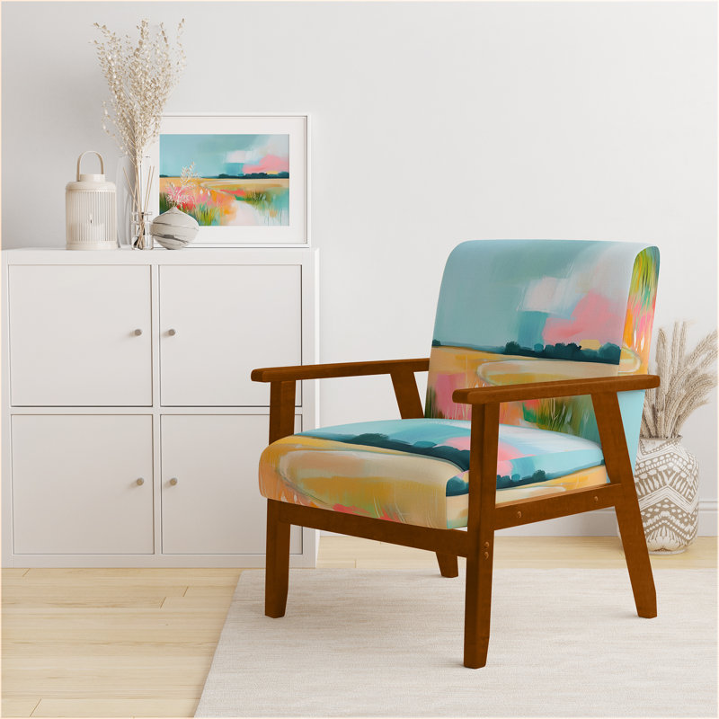 Chaise rembourrée Meadow - Fauteuil rose et bleu Summer Farm Land, Brown Square Arms
