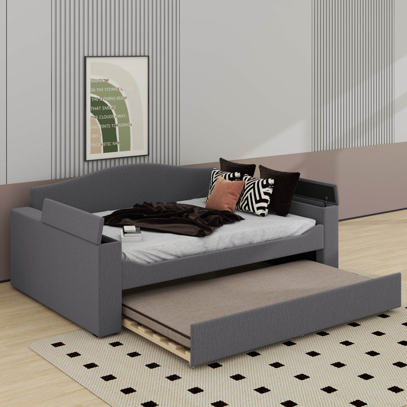 Lit de jour rembourré avec couchette, Gris, Lit double