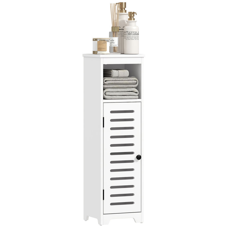 HOMCOM Slim Bathroom Floor Cabinet with Louvered Door, Open Shelf, White