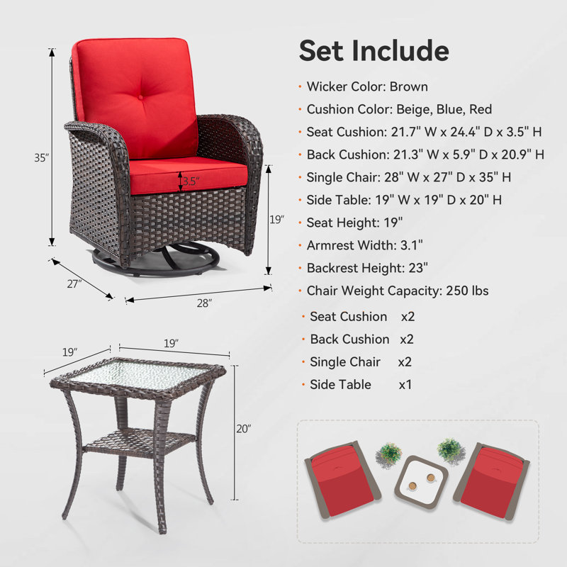 Kyesha 6-Piece Outdoor Swivel Chair Set with Cushions, Brown, Red