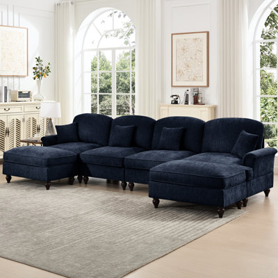 Classic U Shape 4 Seater Modular Sectional Couch With Flared Arms, Removable Ruffles Pleats Skirts, And Spindle Legs, Blue Chenille Deep Seat Cloud Movable Ottomans Throw Pillow, Offering Multiple