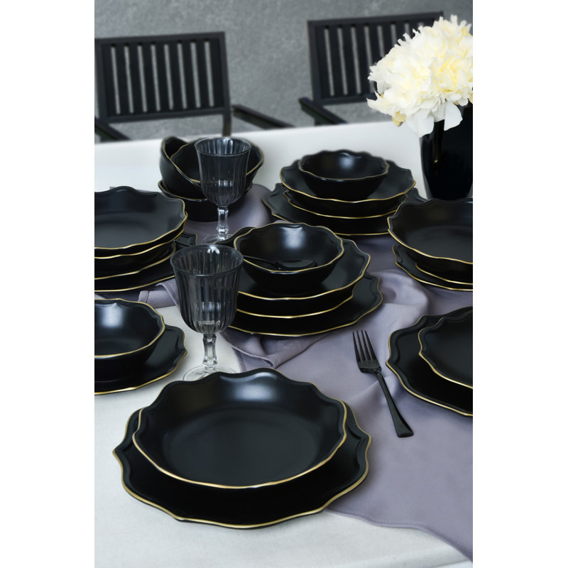 Adefolarin Piece Dinnerware Set - Service for 6, Matte Black/Gold