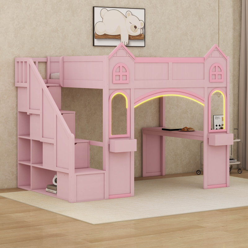 Playhouse Design Full Size Loft Bed With Storage Staircase And Desk, Wood Castle Loft Bed Frame With Windows, Shelves And LED Light