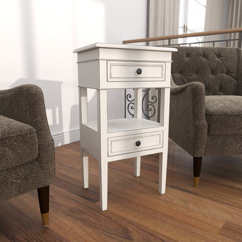Table d'appoint en bois 2 tiroirs et 1 tablette Idlewild 16 po x 12 po x 29 po, Blanc