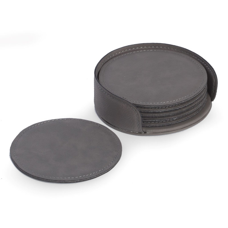 Vinyl Round 6 Piece Coaster Set With Holder, Gray