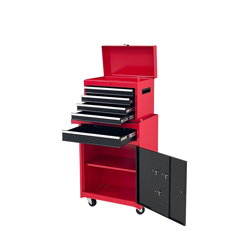 Metal Tool Cabinet Storage Box Chest With 5 Drawers Portable with Wheels, Red