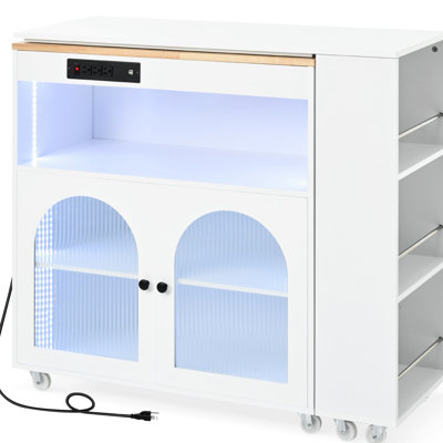Kitchen Island With Power Outlets And Led Lights - Extended Table, Fluted Glass Door, Storage Shelf, 3 Open Shelves, White Ports, White, Contemporary Style