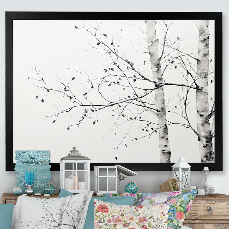 Arbre gris minimalisme bouleau II sur toile, H 24 po x l 32 po x P 1 po, Cadre photo noir simple